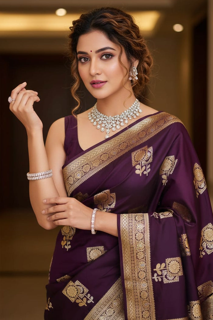 Woman in a purple saree with gold patterns indoors