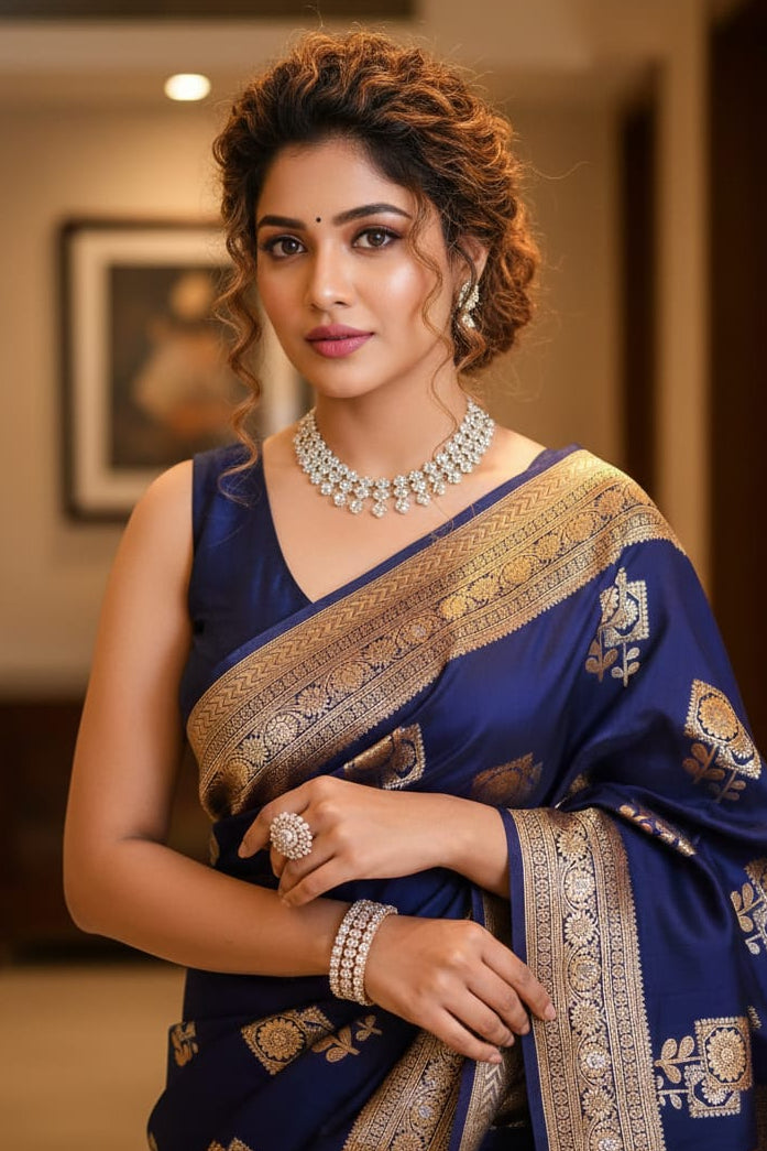 Woman in a blue saree with gold patterns indoors