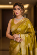 Woman in a green saree with a blurred indoor background