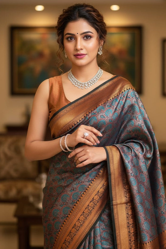 Woman in a traditional saree with jewelry indoors