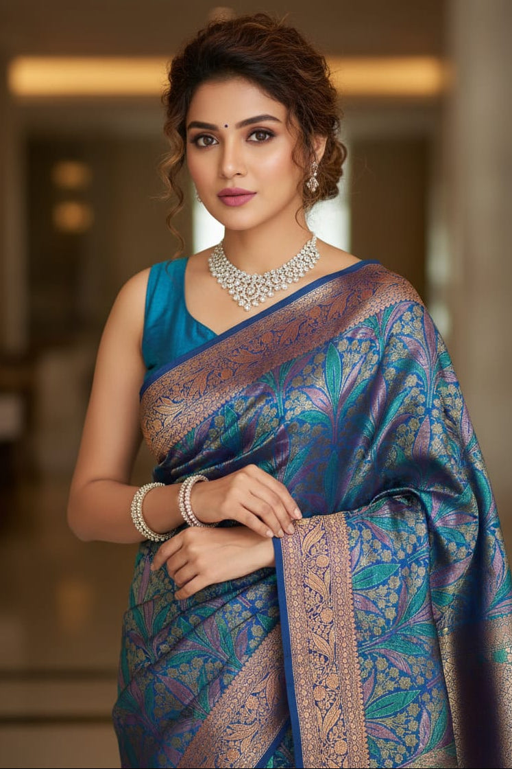 Woman wearing a blue saree with a patterned border indoors