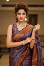 Woman in a traditional saree with intricate patterns indoors