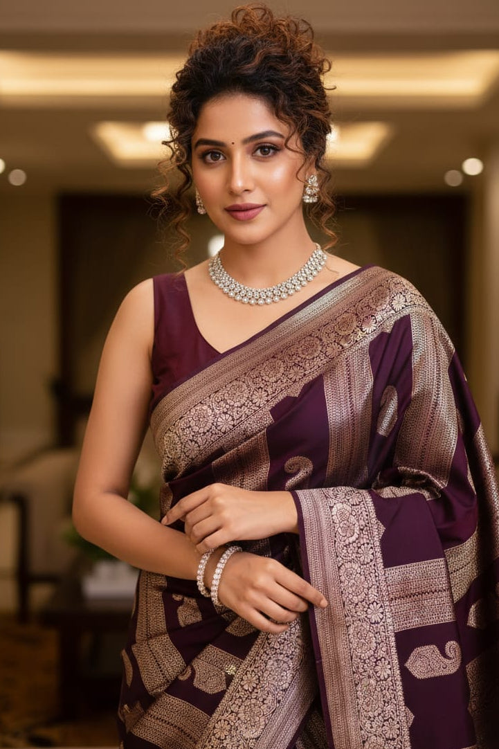 Woman in a traditional saree with intricate patterns indoors