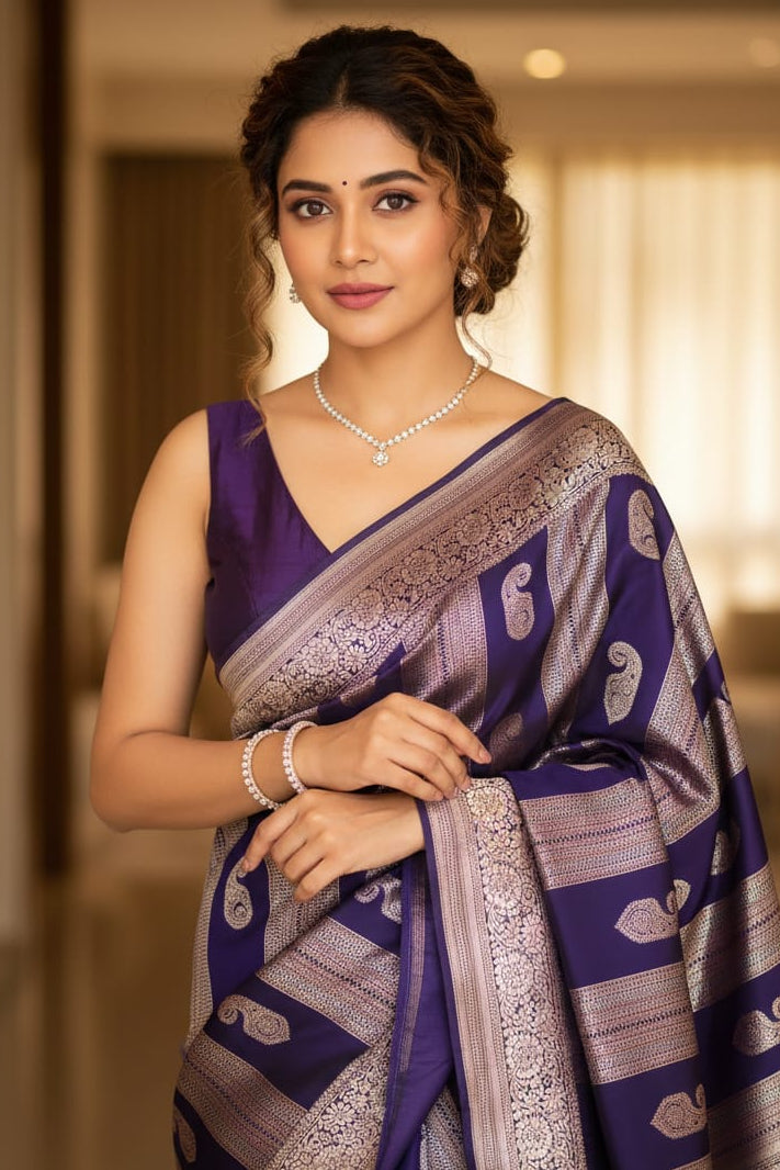 Woman wearing a purple saree with a blurred indoor background