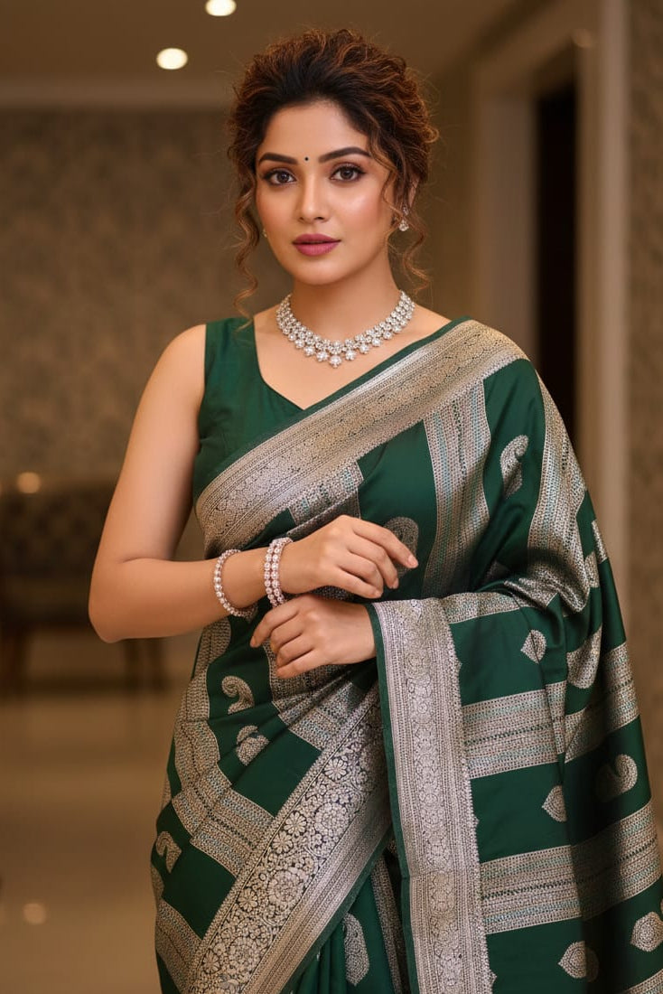 Woman wearing a green saree with silver border indoors