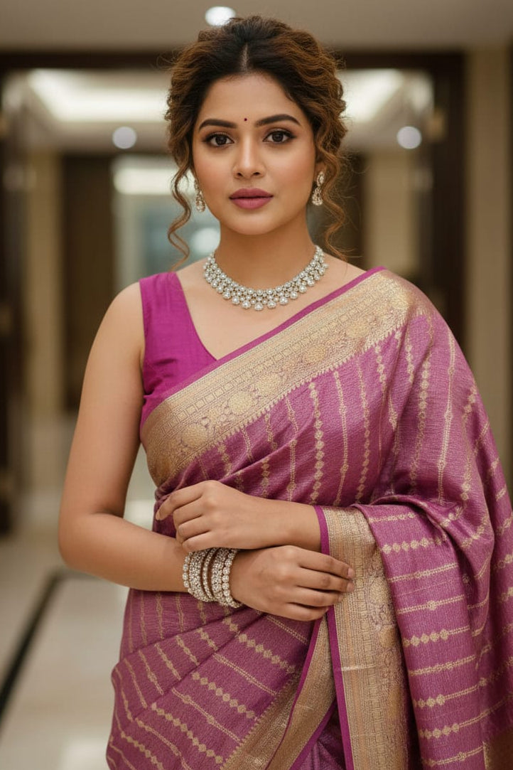 woman in a pink striped saree 