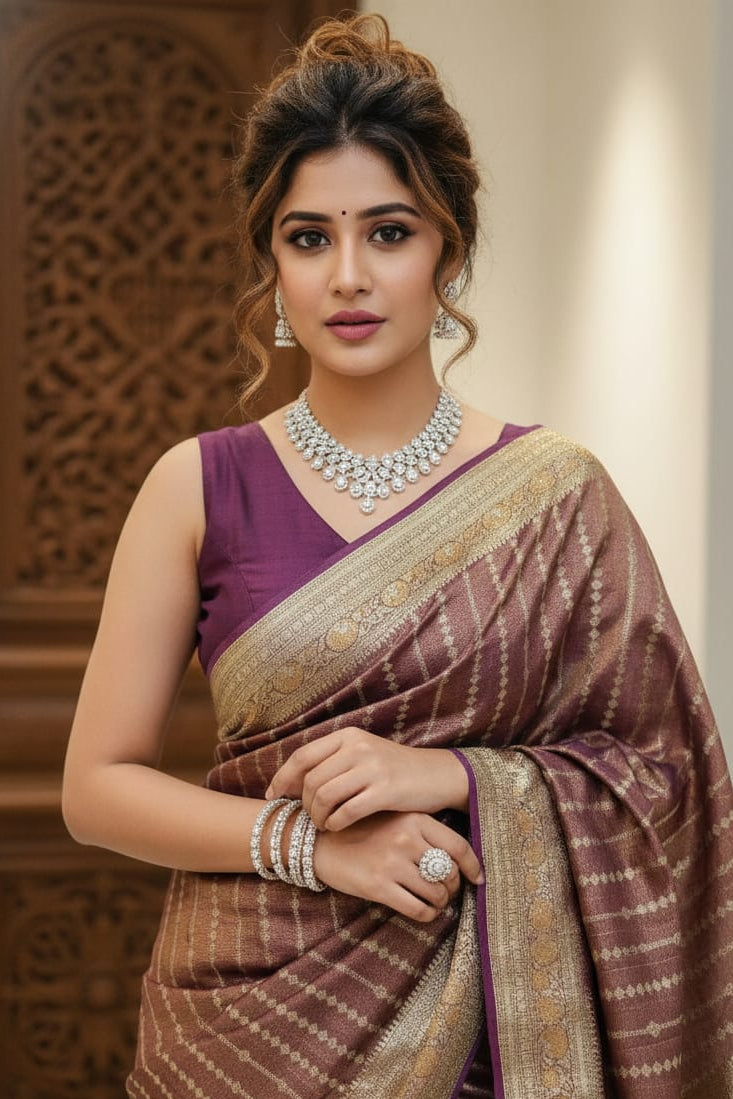 woman wearing a purple saree oudoors