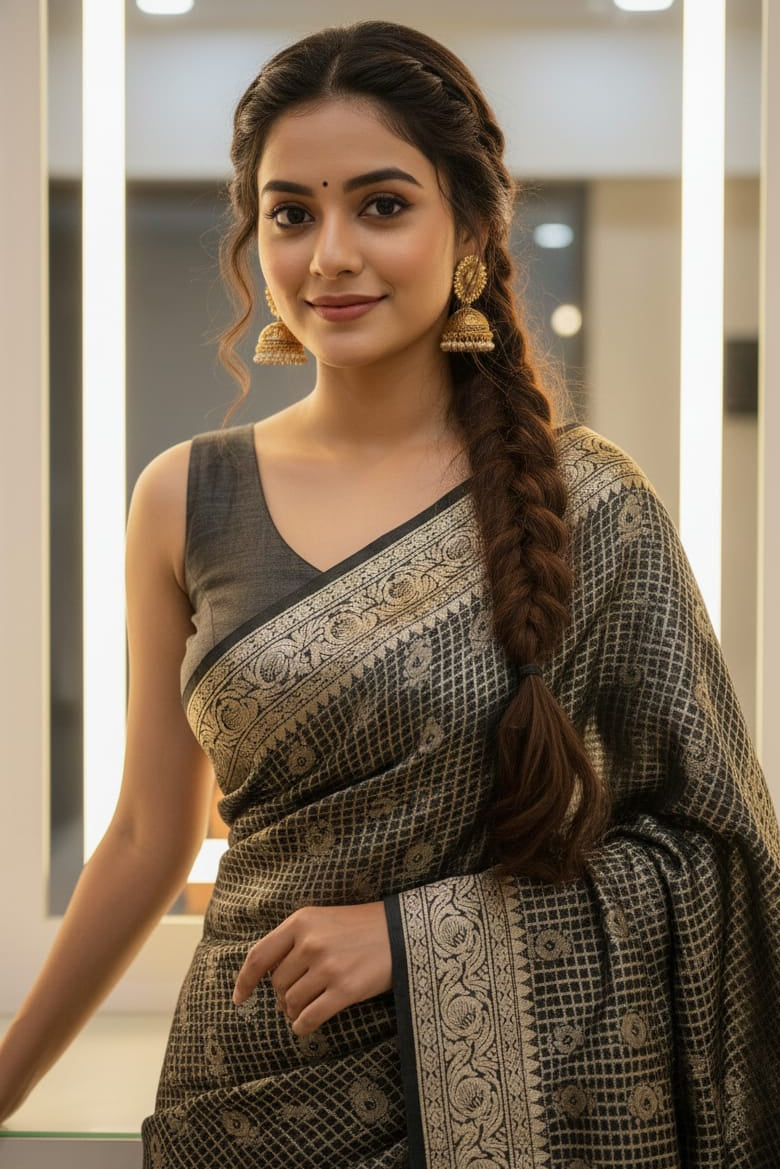 Woman in a saree with a decorative braid and earrings indoors.