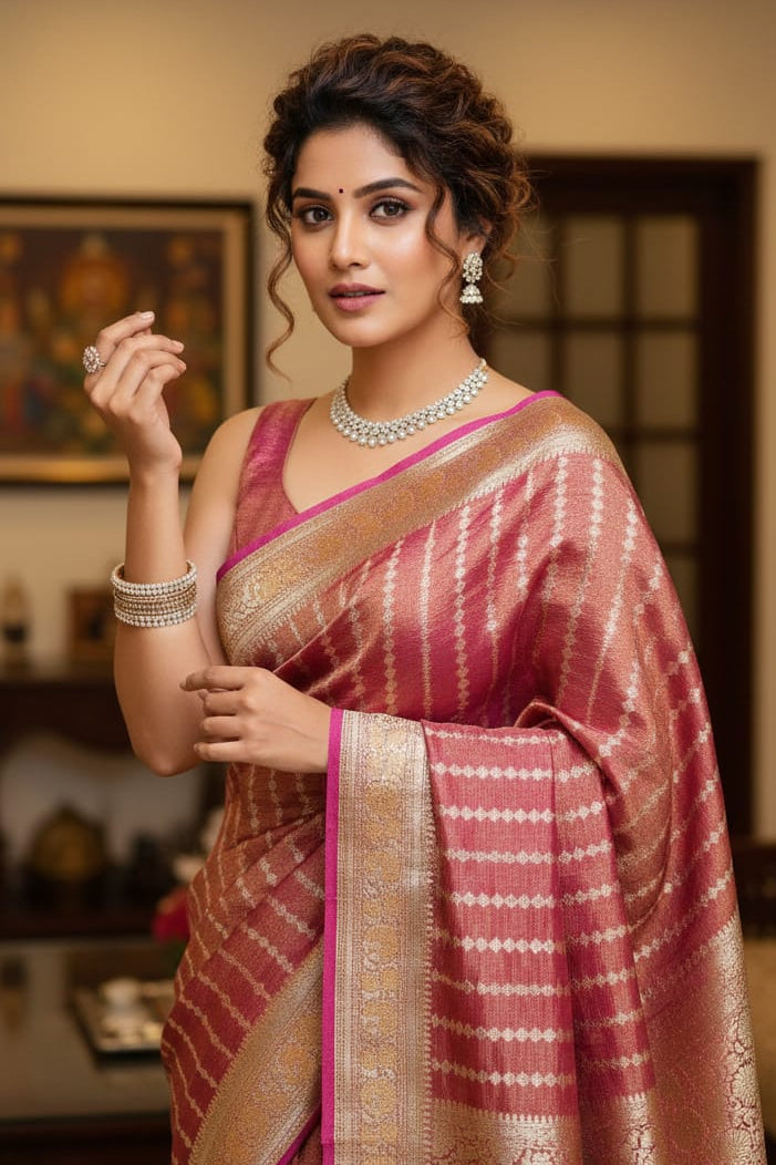 woman in a striped red saree indoors with blurred background