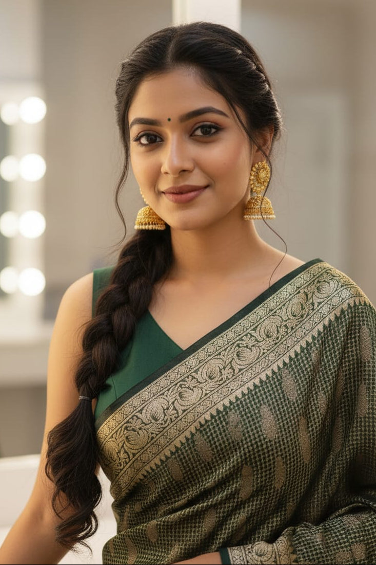 Woman in a green saree with gold patterns in a well-lit room.