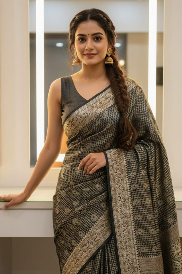 Woman wearing a traditional saree in an indoor setting