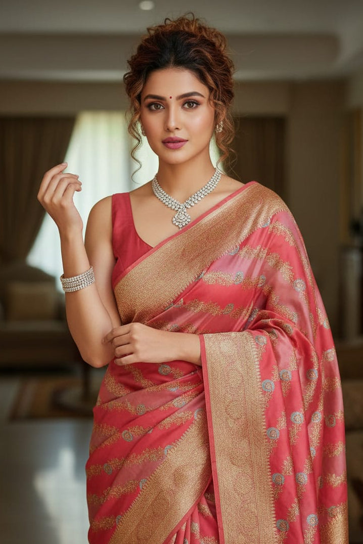 woman in a peach colored  saree indoor