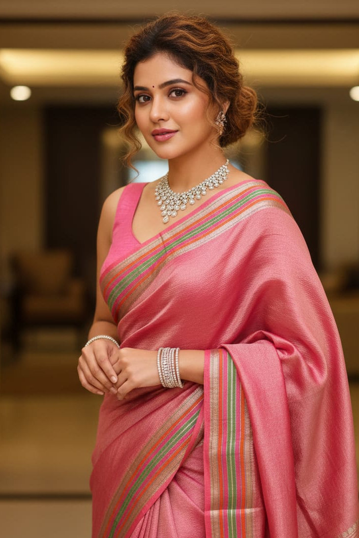 woman wearing pink saree indoors
