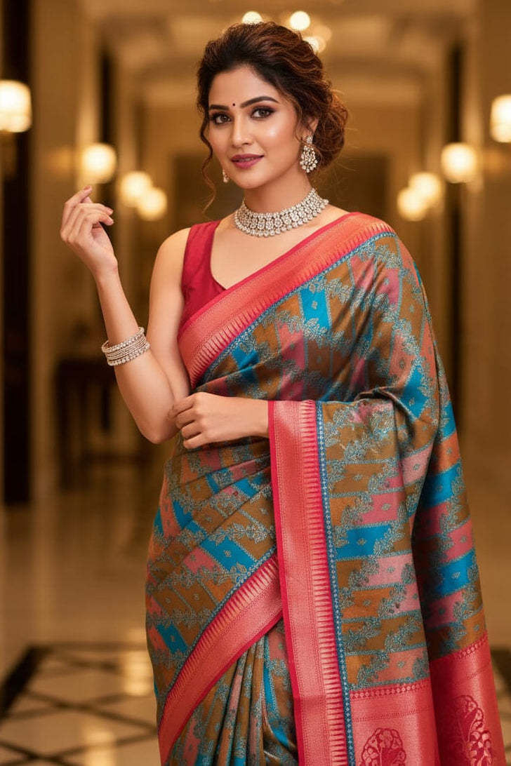 Woman wearing a traditional saree in an indoor setting