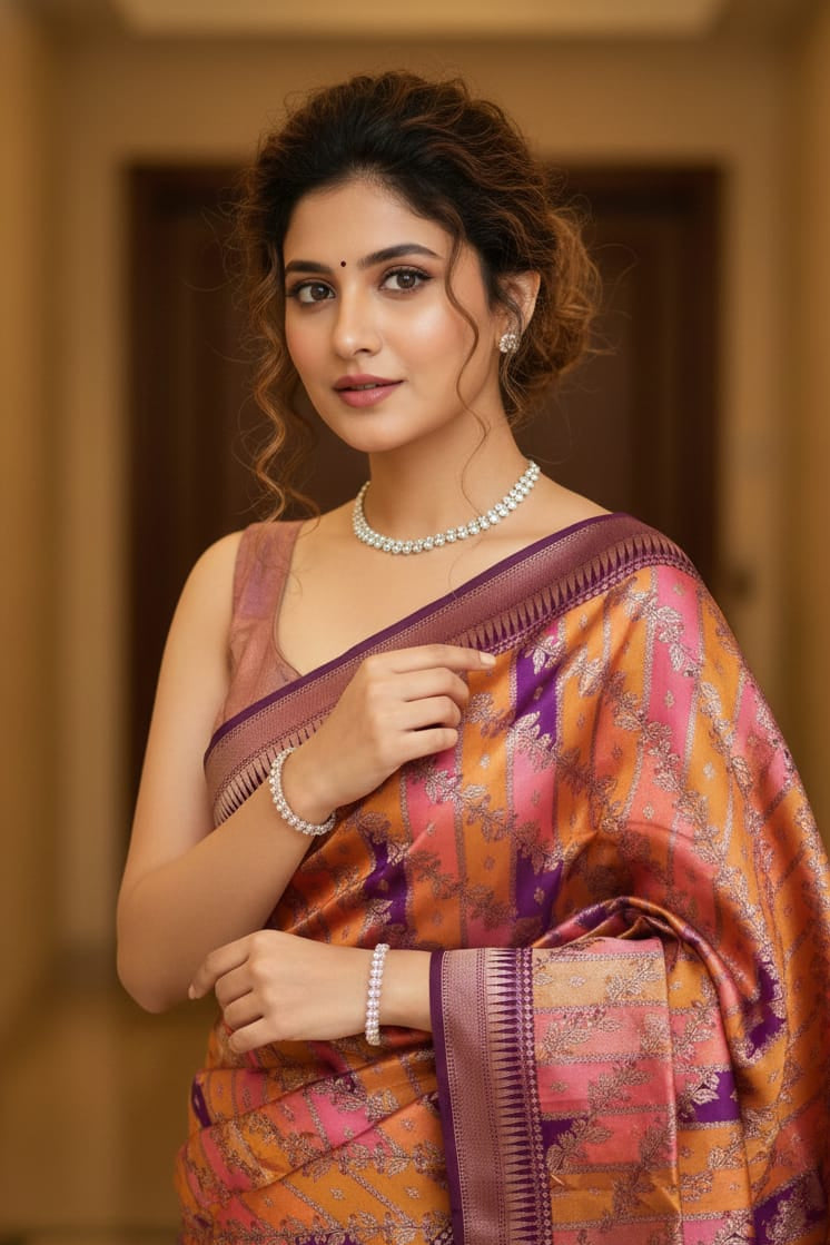 Woman in a colorful saree with a blurred background