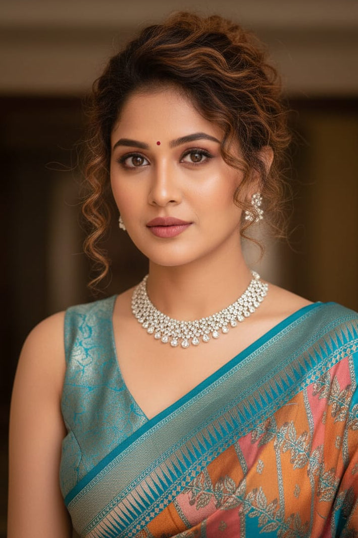 Woman wearing a traditional saree with a blurred background