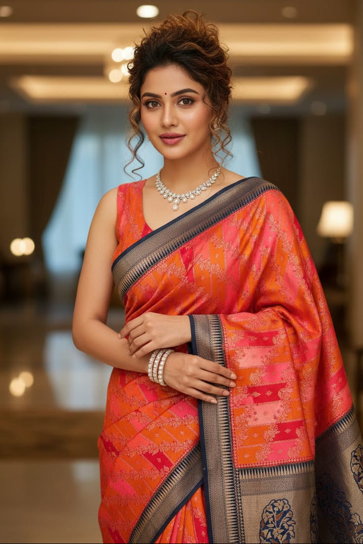 Woman in a red saree with a patterned border in an indoor setting