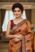 Woman wearing a traditional saree with a blurred indoor background