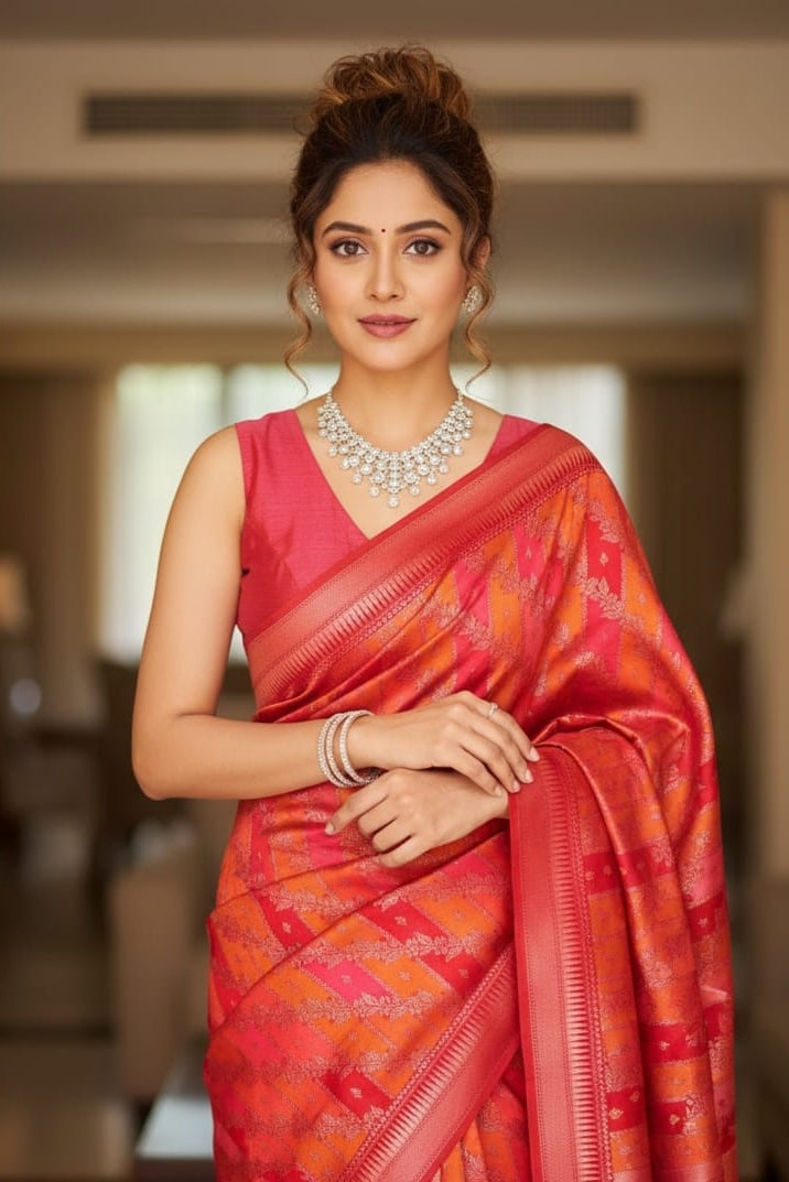 Woman wearing a red saree with a blurred indoor background