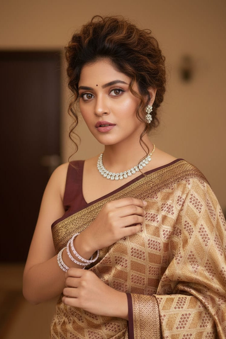 Woman in a traditional saree with jewelry against a neutral background