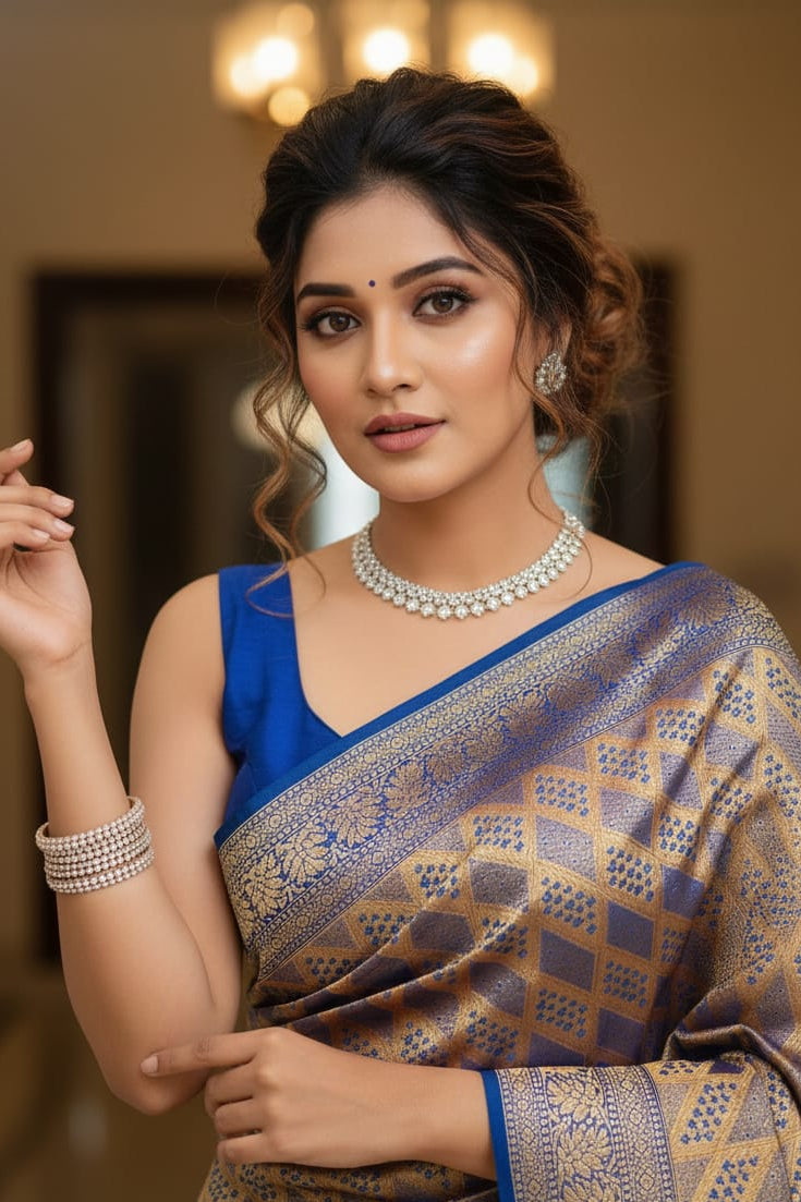 Woman wearing a blue and gold saree with jewelry indoors
