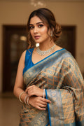 Woman wearing a traditional saree with a blue blouse in an indoor setting