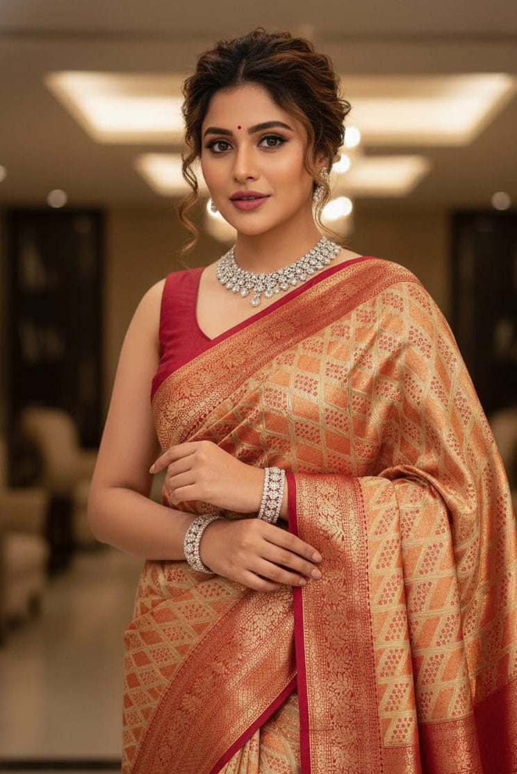 Woman in a traditional saree with a blurred indoor background
