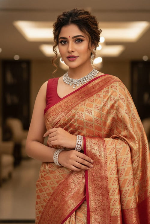 Woman in a traditional saree with a blurred indoor background