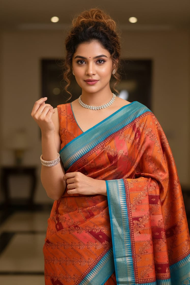 Woman wearing an orange saree with a blue border indoors