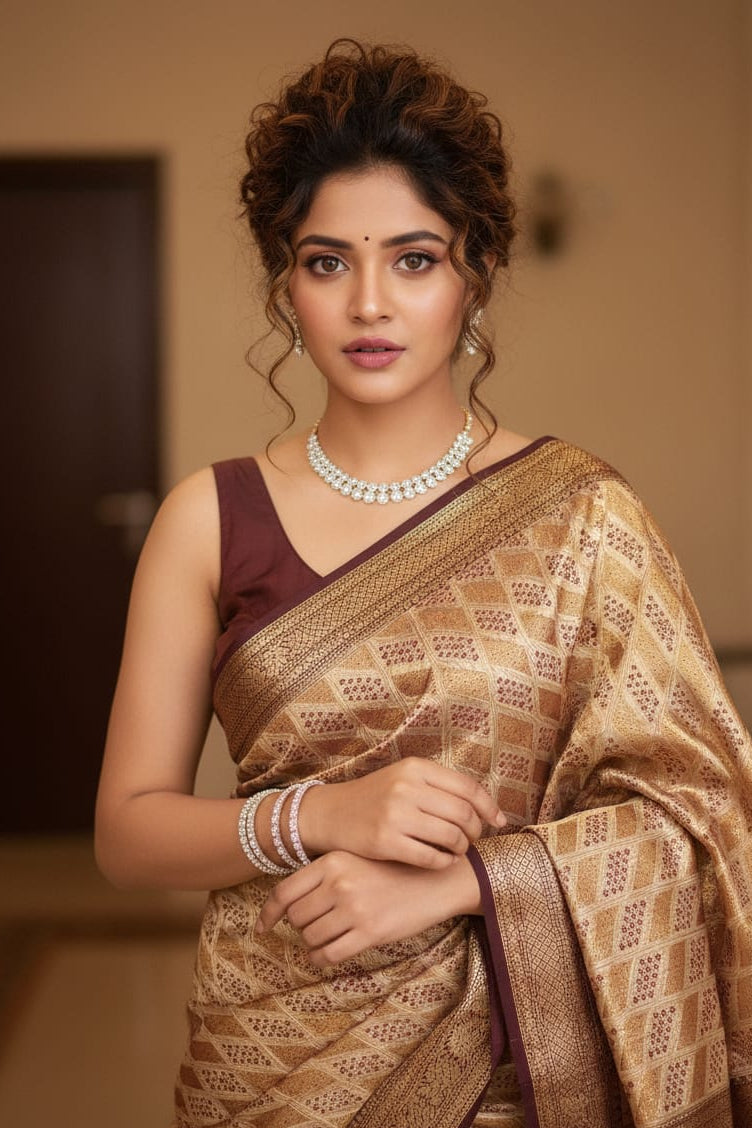 Woman wearing a traditional saree with a blurred background