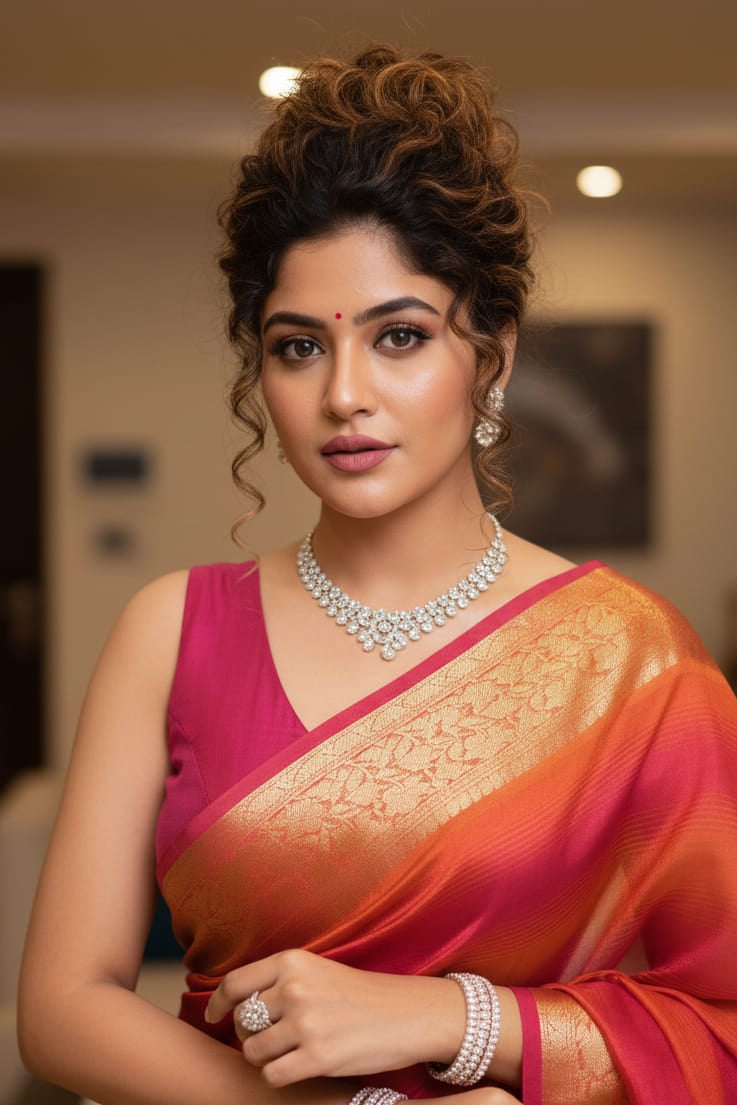 Woman in a traditional saree with jewelry indoors