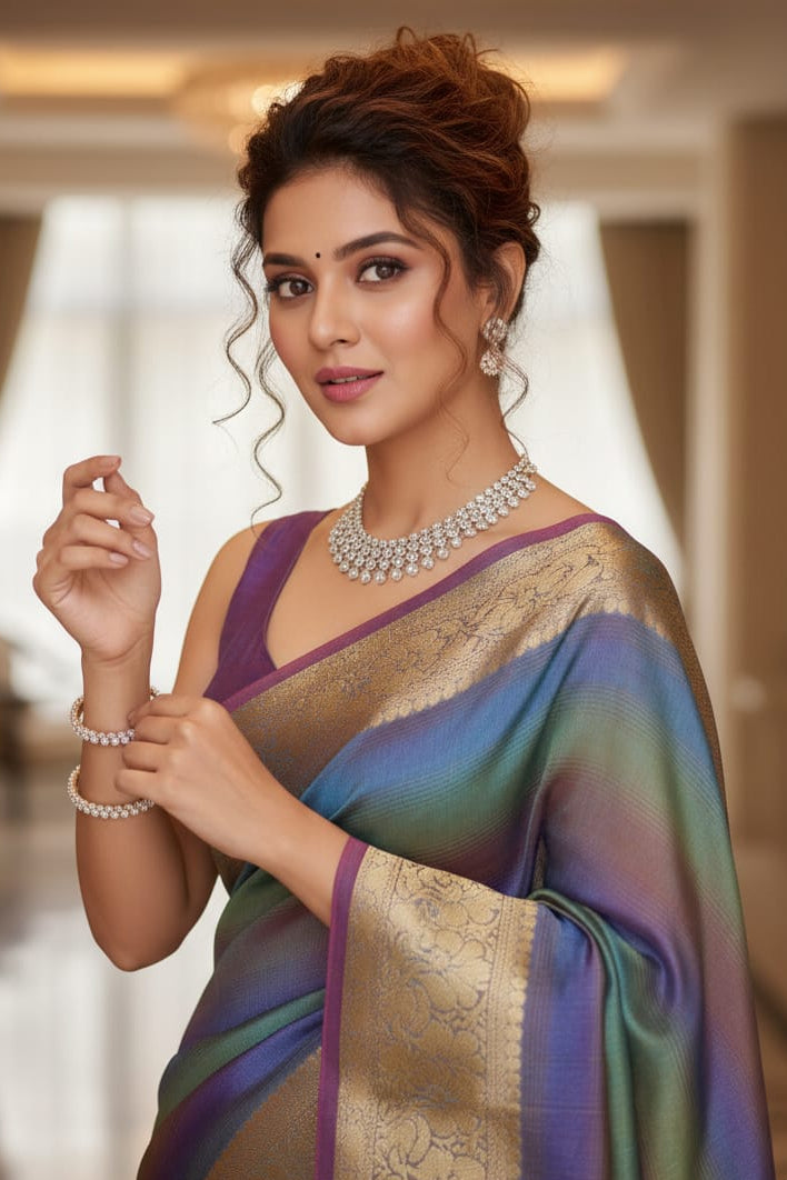 Woman in a colorful saree with jewelry indoors