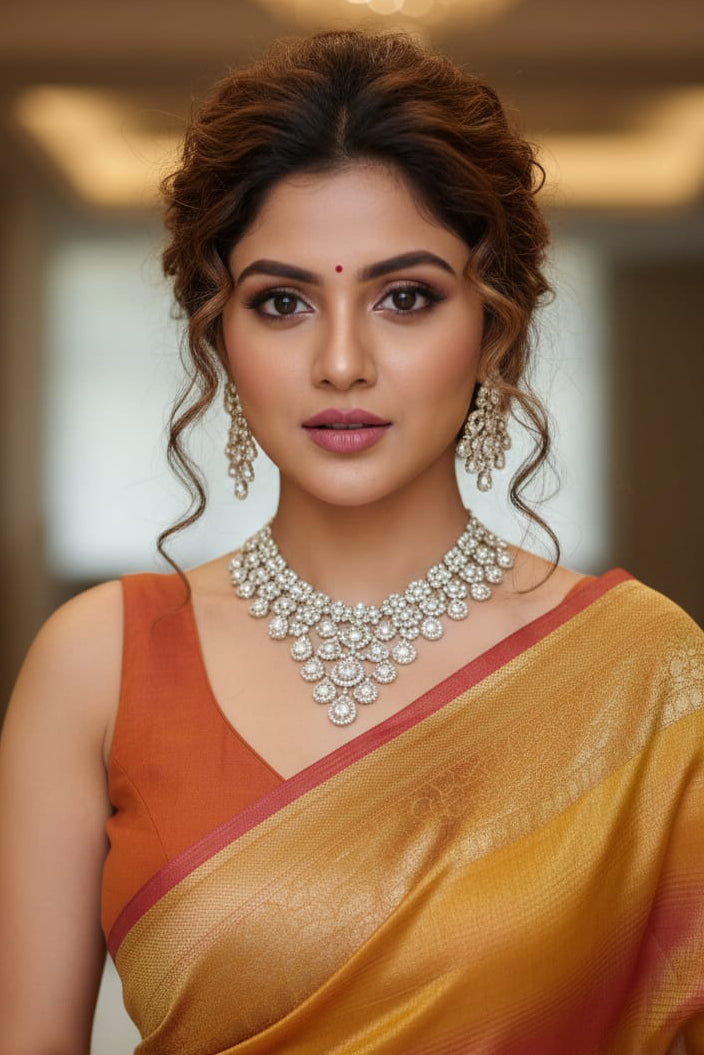 Woman wearing a yellow saree with an orange blouse, adorned with jewelry indoors.