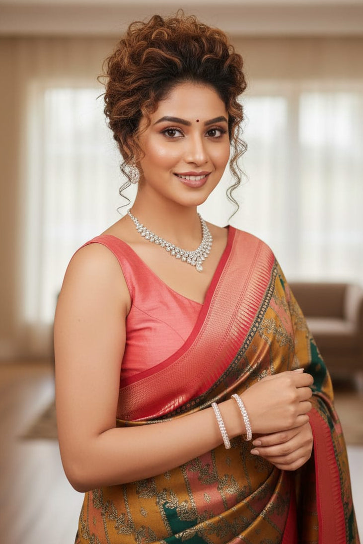 Woman in a traditional saree with jewelry indoors