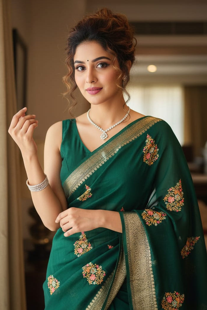 Woman wearing a green saree with floral patterns indoors