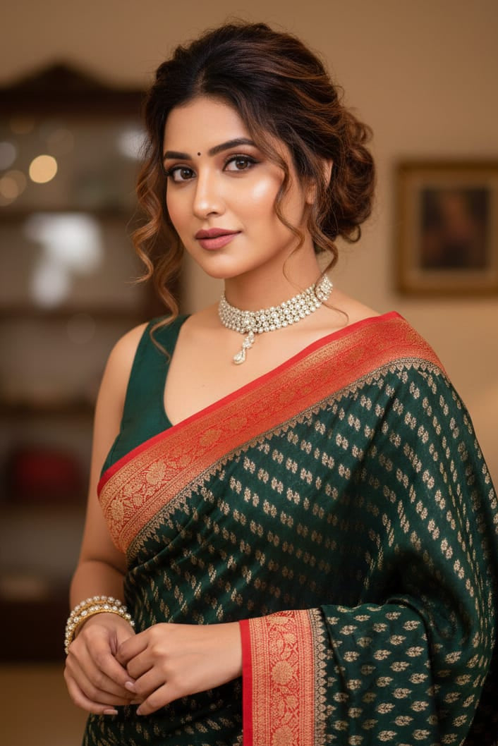 Woman wearing a green saree with red border indoors
