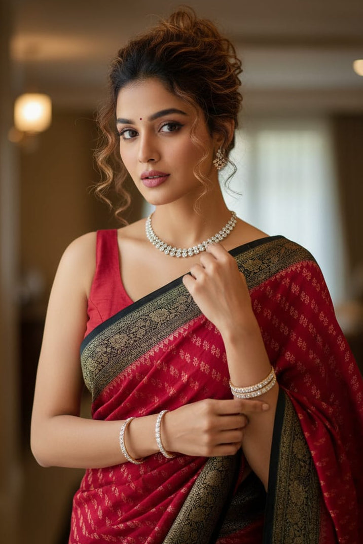 Woman in a red saree with gold border indoors