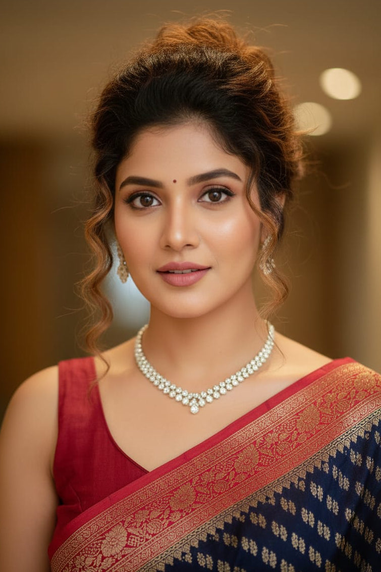 Woman wearing a traditional saree with a blurred background