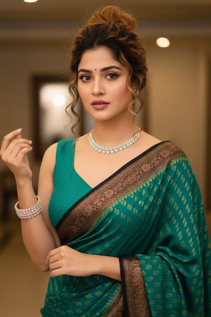 Woman wearing a green saree with a brown border indoors