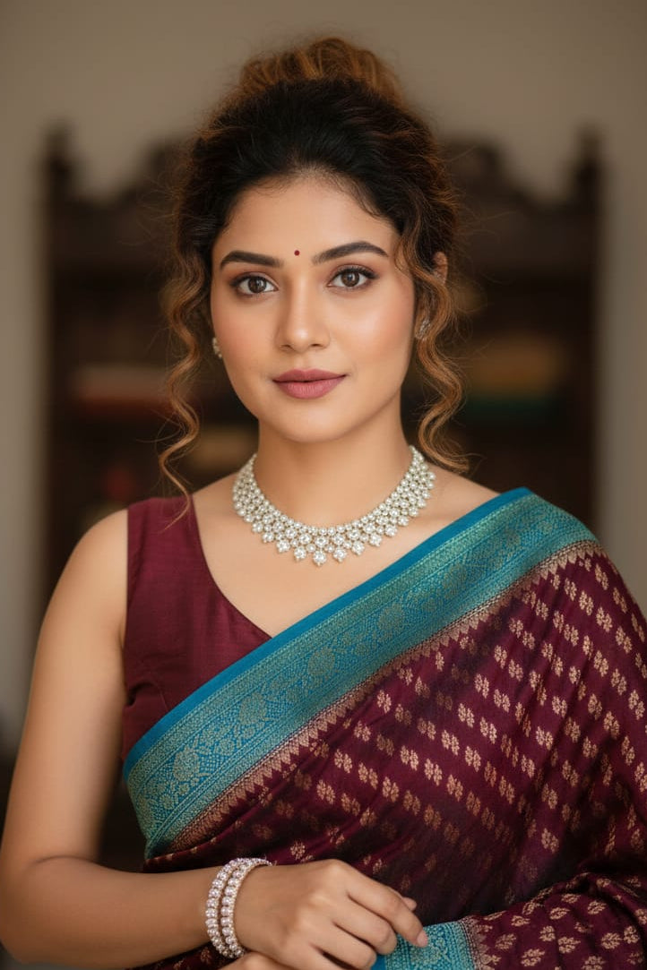 Woman wearing a maroon saree with a blue border indoors