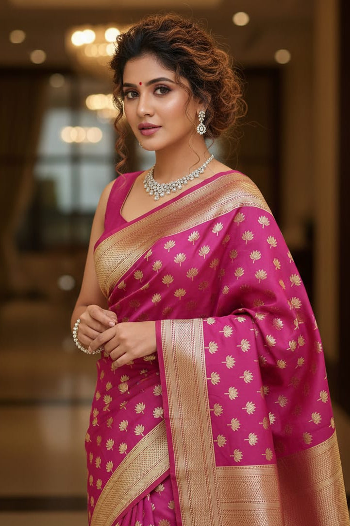 Woman wearing a pink saree with gold patterns indoors