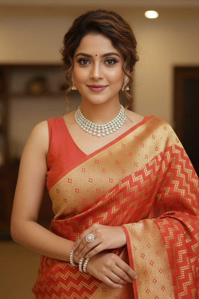 Woman in a traditional red and gold saree with jewelry indoors