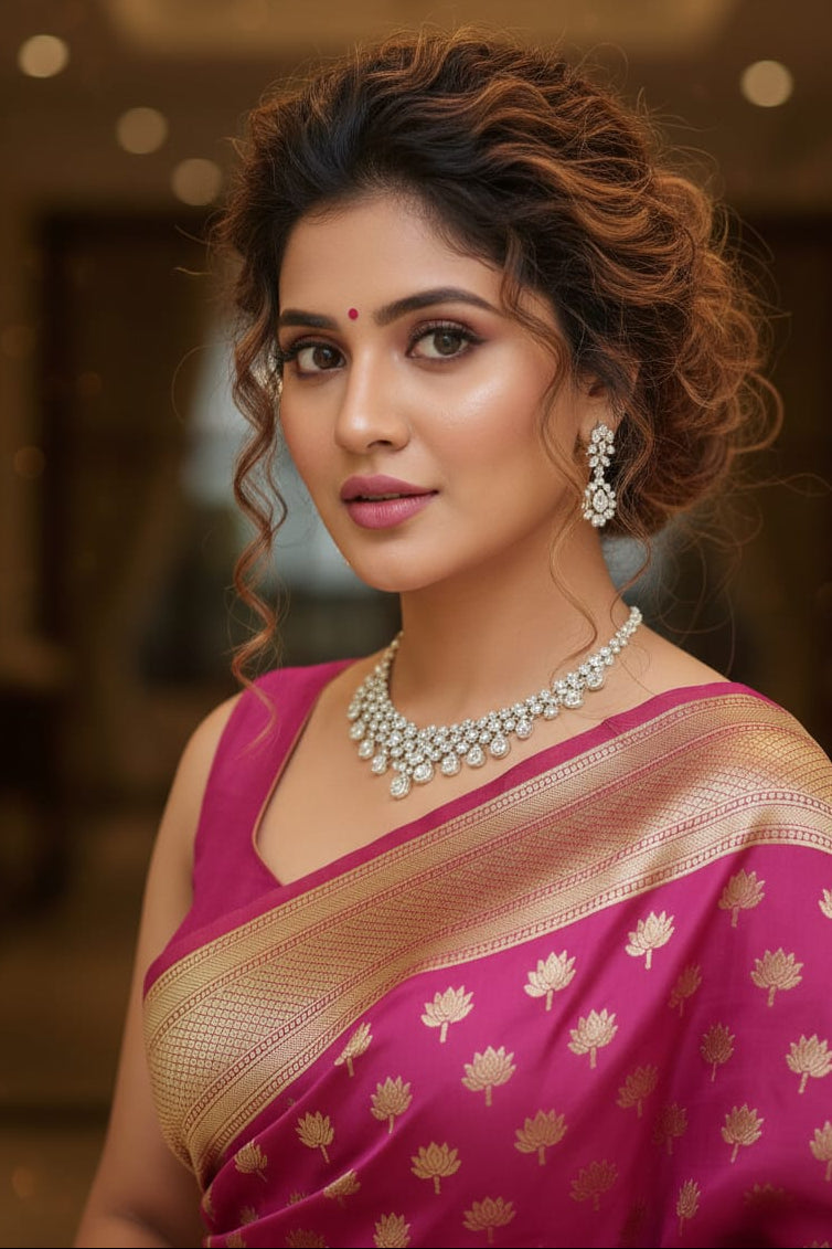 Woman in a pink saree with gold patterns, wearing jewelry, against a blurred background.