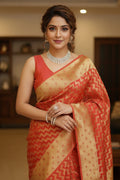 Woman wearing a red and gold saree with jewelry indoors
