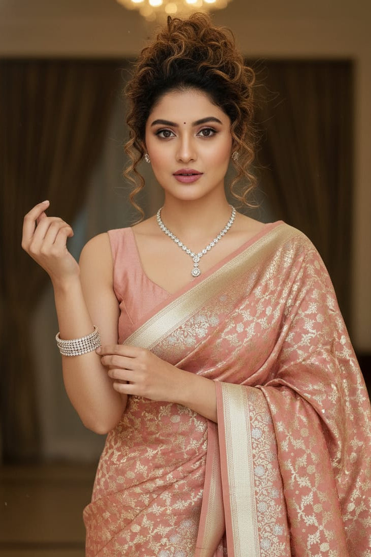 Woman in a pink saree with a blurred background