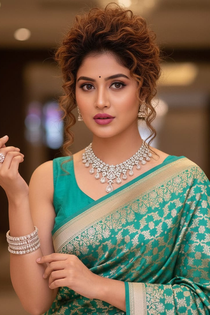Woman in a green saree with jewelry, posing indoors.