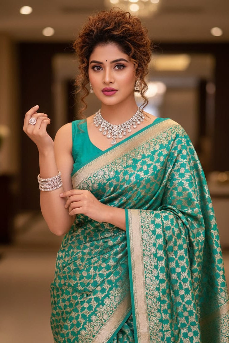 Woman in a green saree with a pattern, wearing jewelry indoors.