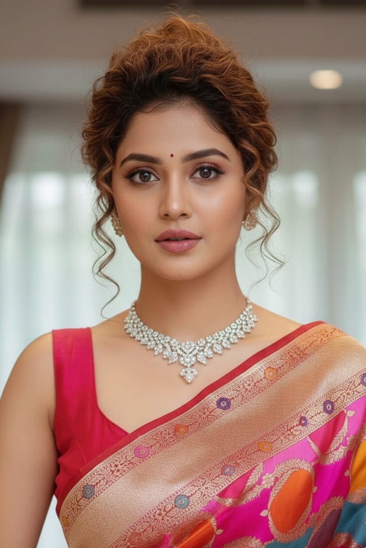 Woman wearing a colorful saree with a diamond necklace indoors