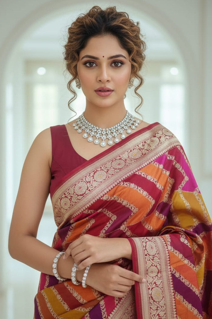 Woman wearing a colorful saree with a white background