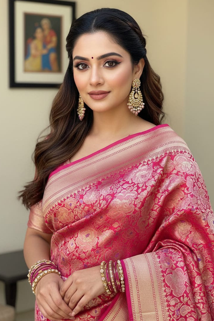 Woman wearing a pink saree with intricate patterns indoors.